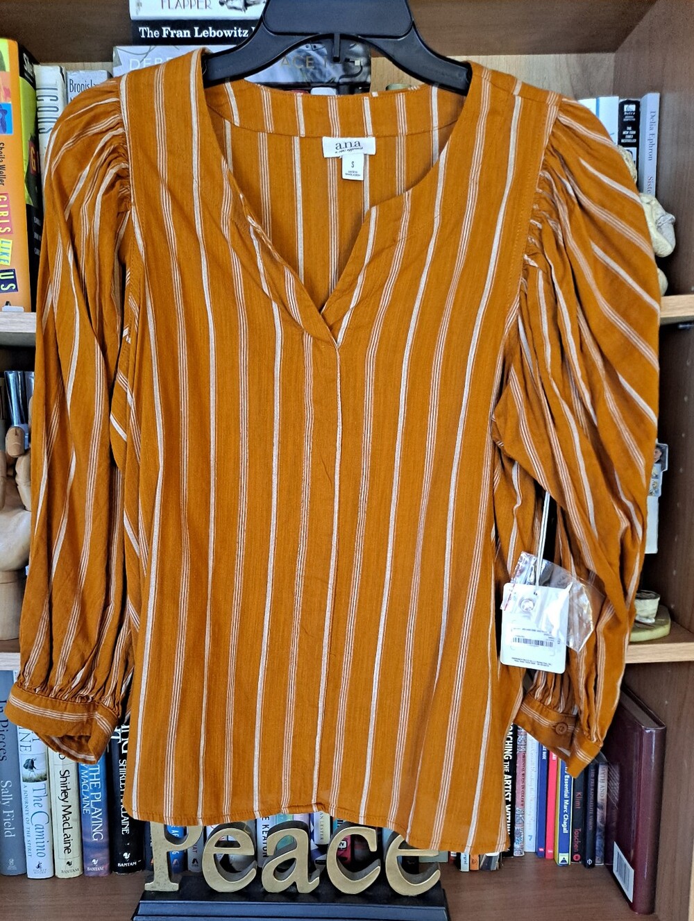 a.n.a Orange/mustard and Cream Striped V-Neck Puff Sleeve Blouse